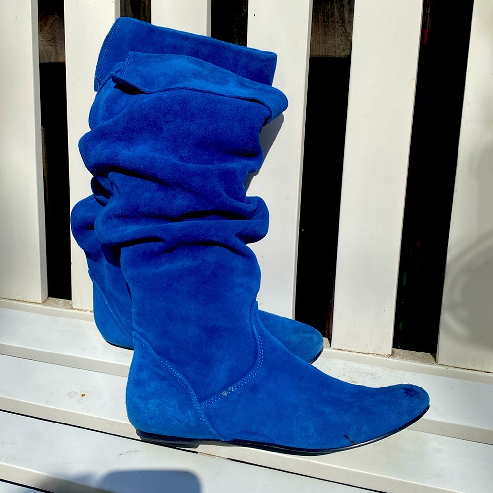 Blue suede leather slouching tall boots